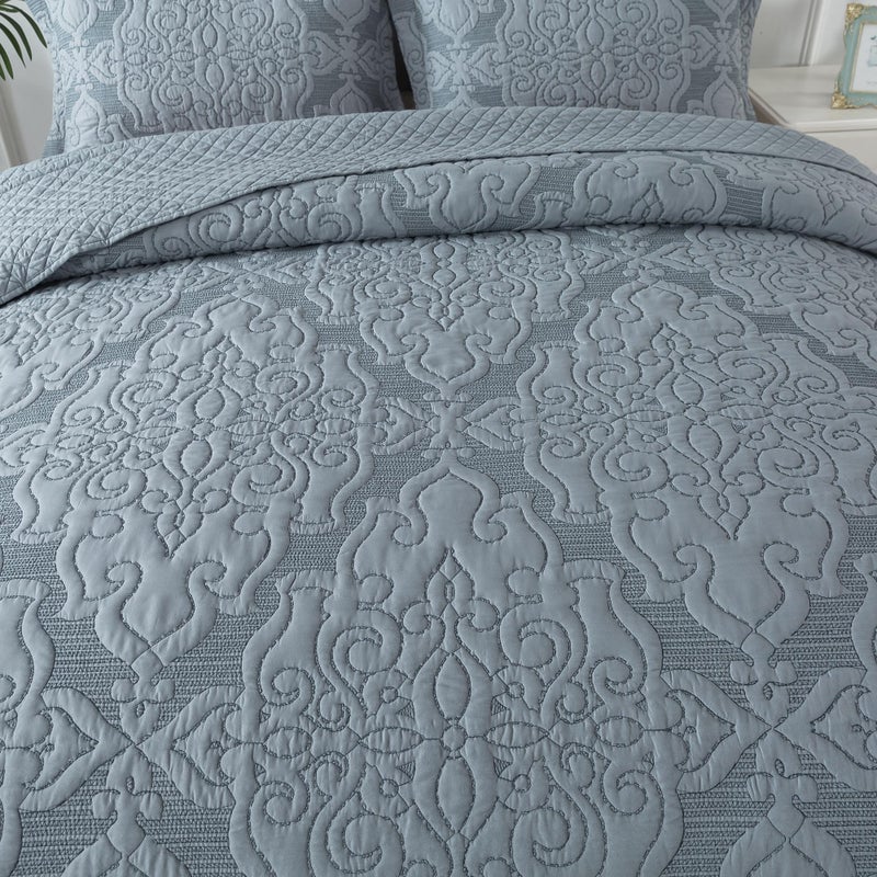 NEWLAKE Reversible Quilt Bedspread Embroidered Microfiber Coverlet Set,Jacquard Embossed Floral,Grey, King Size - Image 2